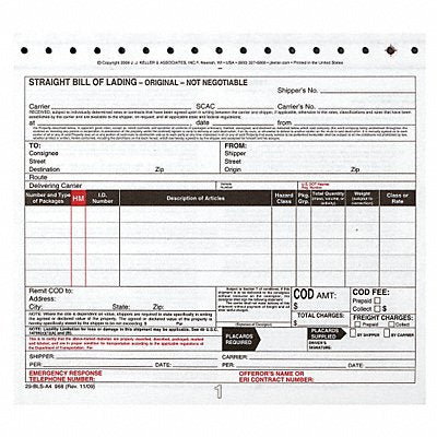 Bill of Lading Form Reg Compliance PK250