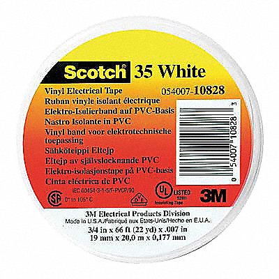 Elec Tape 20 ftLx1/2 W 7 mil White PK100