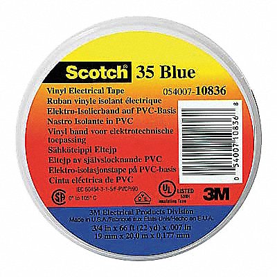 Elec Tape 20 ft Lx1/2 W 7 mil Blue PK100