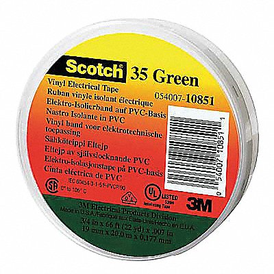 Elec Tape 20 ftLx1/2 W 7 mil Green PK100