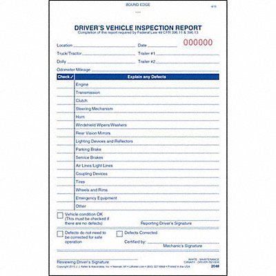 Vehicle Inspection Form 2 Ply Carbonless