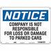 Parking Lot Damage Advisory Sign 10 x14 