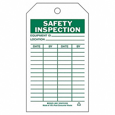 Saf Inspection Tag 7 x 4 In Grn/Wht PK10