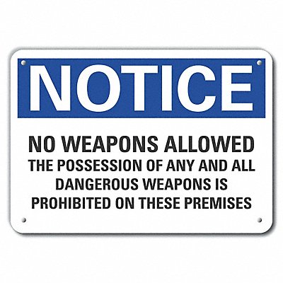 Plastic No Weapons Notice Sign 10x14in