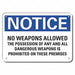 Plastic No Weapons Notice Sign 10x14in