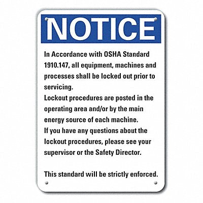 Alum Lockout Tagout Notice Sign 14x10in