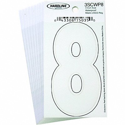 Number 8 Decal 3 White Vinyl PK10